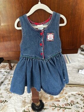 Vintage OshKosh B'gosh Denim Blue Dress with Red Plaid Accents
